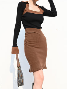 Women V-front Rib Mini Skirt Pencil Skirt With Back Split