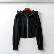 Women Black  Zip Up Cropped  Hoodie With Raw-cut Hem Puff Long Sleeved Hooded Sweatshirt With Thumb Hole