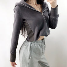Women Dark Grey Zip Up Cropped  Hoodie With Raw-cut Hem Puff Long Sleeved Hooded Sweatshirt With Thumb Hole