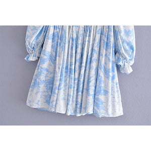 White With Blue Floral Print Short Puff Sleeve Square Neckline A-line Pleated Mini Dress