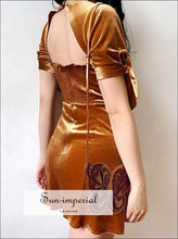 A Line Square Neck Backless Gold Velvet Mini Dress with Tie Sleeve Usa