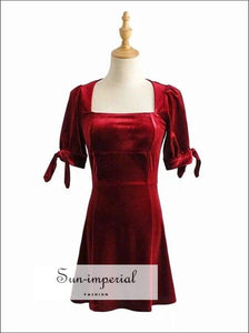 A Line Square Neck Backless Red Velvet Mini Dress with Tie Sleeve Usa