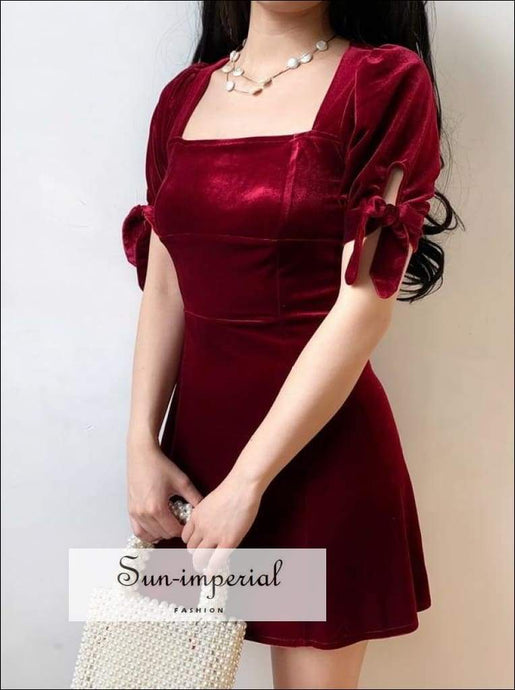 A Line Square Neck Backless Red Velvet Mini Dress with Tie Sleeve Usa