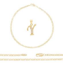 A-Z Initial Letter Pendant 14K Gold Filled Cubic Zirconia Mariner Chain Anklet 10" Set CZ Charm Foot Bracelet 3 mm Female Women Girl