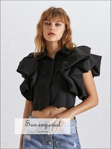 Abby top - Ruffles Crop for Women Puff Sleeve black, crop top, green, Irregular Shirt, Lapel Collar SUN-IMPERIAL United States