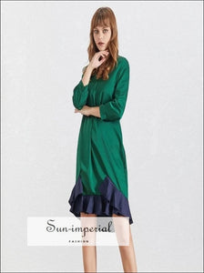Abigail Dress - Casual V Neck Green 7/8 Sleeve Ruffles Edges Knee Length Big Size, green, Dress, Midi Seven Quarter SUN-IMPERIAL United 