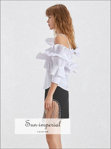 Adaline top - Solid White off the Shoulder Women Blouse Flare 3/4 Sleeve Ruffle Blouse