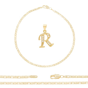 A-Z Initial Letter Pendant 14K Gold Filled Cubic Zirconia Mariner Chain Anklet 10" Set CZ Charm Foot Bracelet 3 mm Female Women Girl