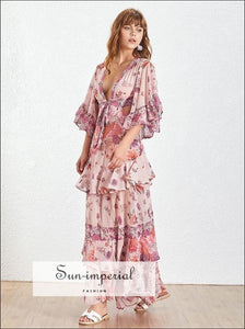Albi Dress - Floral V Neck Maxi Ruffle Half Sleeve Open back Ankle Length, Sleeve, pink, Print Dress, Summer Casual Fashion SUN-IMPERIAL 