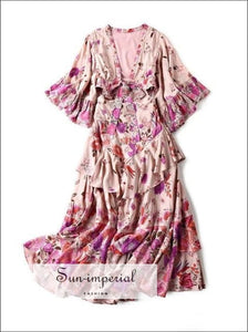 Albi Dress - Floral V Neck Maxi Ruffle Half Sleeve Open back Ankle Length, Sleeve, pink, Print Dress, Summer Casual Fashion SUN-IMPERIAL 
