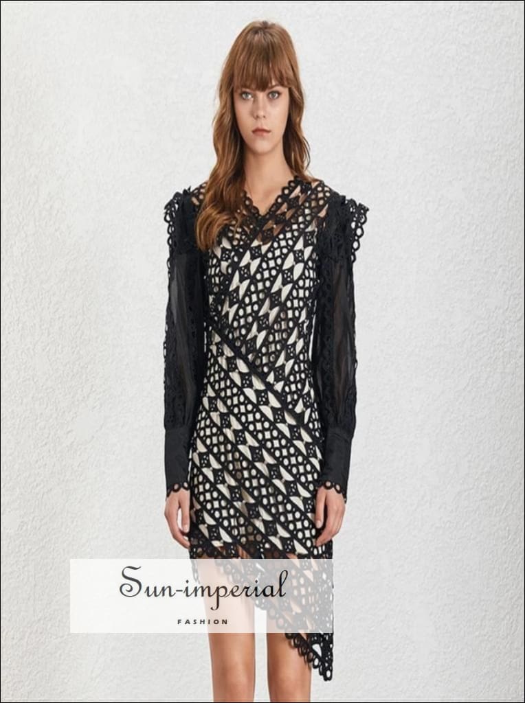 Sun-Imperial - Alondra Dress- Vintage Lace Women Dress V Neck Lantern Sleeve Asymmetrical Dress Black / L