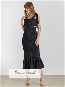 Amelia Dress- Vintage Black and White Tie Straps Women Mermaid Cut Dress bacl white, High Waist, Midi Dresses Female, Off Shoulder, 