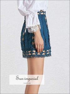 American Honey Skirt in Blue- Elegant Lace High Patchwork Mini Beading Patchwork, black, blue, Female Fashion, lace Sun-Imperial United 
