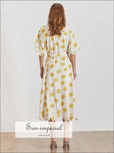 Andrea Dress in Sunrise - Flower Print Women V Neck Half Sleeve Belted Midi Belt Dresses, Sleeve, Summer Print, Neck, vintage SUN-IMPERIAL 