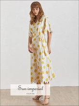 Andrea Dress in Sunrise - Flower Print Women V Neck Half Sleeve Belted Midi Belt Dresses, Sleeve, Summer Print, Neck, vintage SUN-IMPERIAL 