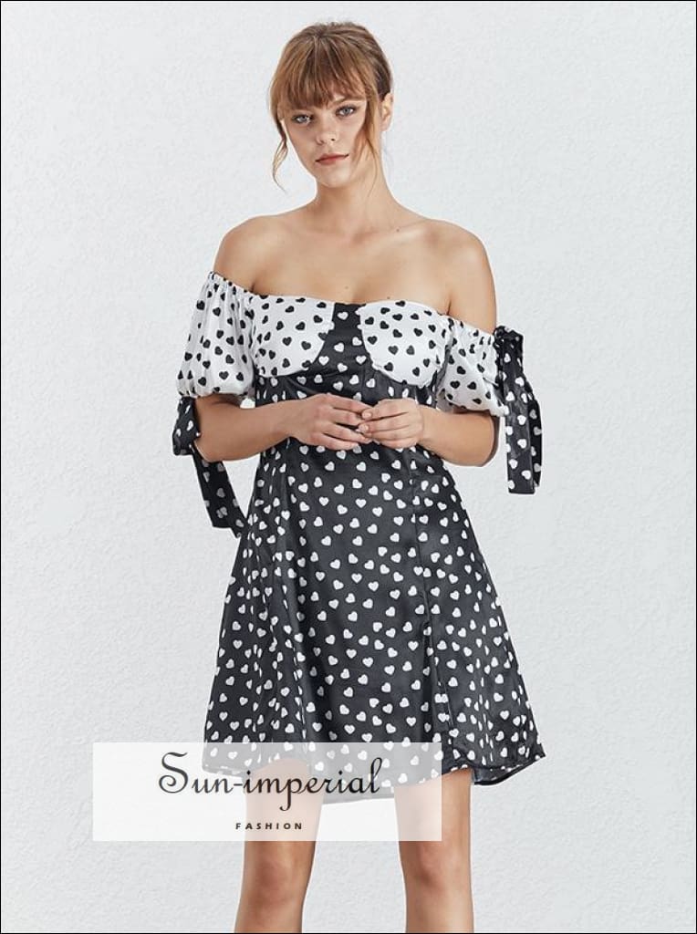 Sun-imperial - andria dress- women off shoulder a-line heart print high  waist short sleeve mini  Sun-Imperial