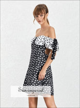 Andria Dress- Women off Shoulder A-line Heart Print High Waist Short Sleeve Mini Dress Waist, Off Shoulder, Dress, Sleeve, vintage 