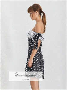 Andria Dress- Women off Shoulder A-line Heart Print High Waist Short Sleeve Mini Dress Waist, Off Shoulder, Dress, Sleeve, vintage 