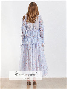 Angel Dress - Asymmetrical Lace Women Stand Collar Long Sleeve Embroidery Print Women’s Dress, Blue, Elegant, Sleeve, Maxi SUN-IMPERIAL 