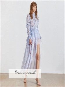 Angel Dress - Asymmetrical Lace Women Stand Collar Long Sleeve Embroidery Print Women’s Dress, Blue, Elegant, Sleeve, Maxi SUN-IMPERIAL 