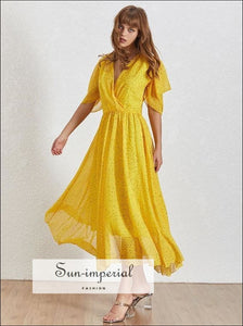 Angers Dress - Print Midi Length Yellow Warp Dress for Women V Neck Puff Sleeve High Waist