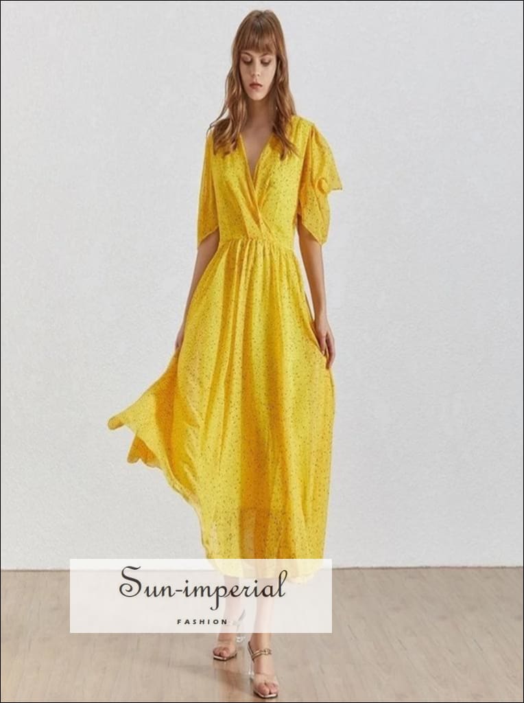 Angers Dress - Print Midi Length Yellow Warp Dress for Women V Neck Puff Sleeve High Waist