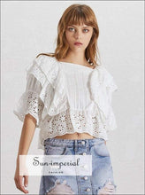 Anne top in White - Lace Lace Blouse for Women Square Collar Ruffles Puff Sleeve Crop top