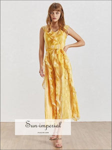Antibes Dress - Vintage Ruffle Lace a Line Midi Women's Dress V Neck Sleeveless