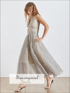 Argenteuil Dress- Elegant Maxi Striped Dress for Women Deep V Neck Sleeveless Dress, High Waist, Large Size, Neck, Vintage SUN-IMPERIAL 