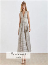 Argenteuil Dress- Elegant Maxi Striped Dress for Women Deep V Neck Sleeveless Dress, High Waist, Large Size, Neck, Vintage SUN-IMPERIAL 