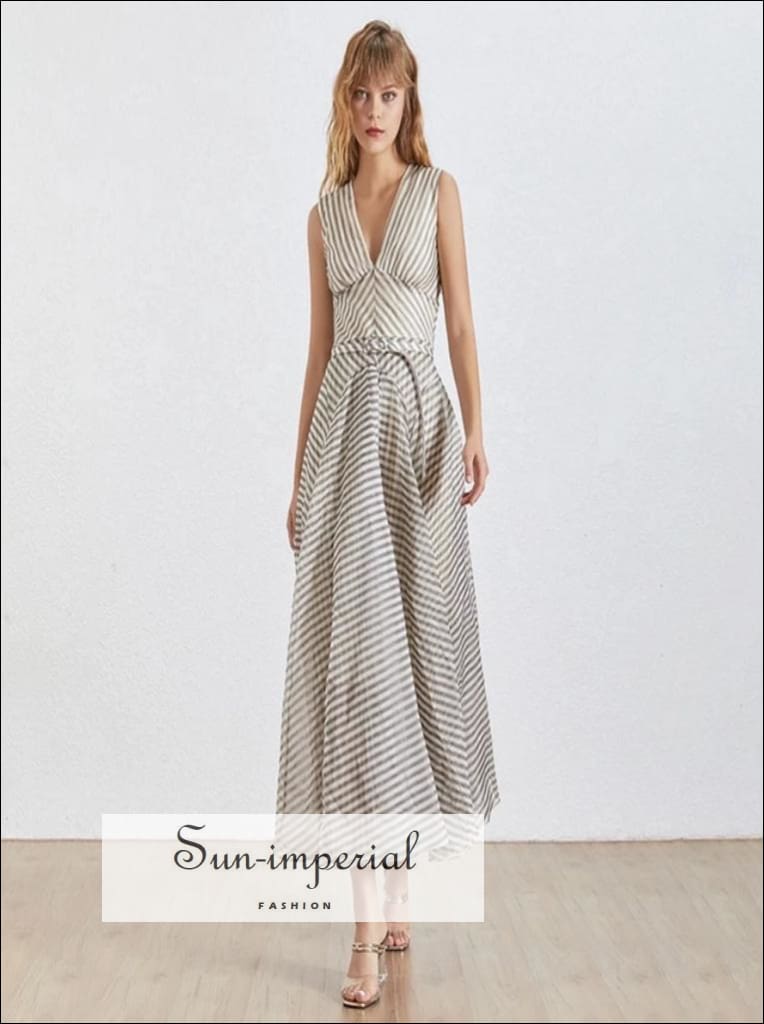 Argenteuil Dress- Elegant Maxi Striped Dress for Women Deep V Neck Sleeveless Dress, High Waist, Large Size, Neck, Vintage SUN-IMPERIAL 