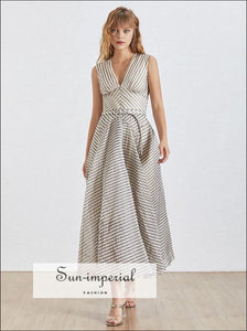 Argenteuil Dress- Elegant Maxi Striped Dress for Women Deep V Neck Sleeveless Dress, High Waist, Large Size, Neck, Vintage SUN-IMPERIAL 