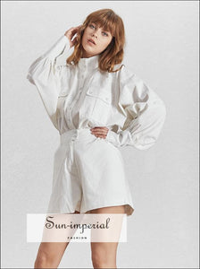 Sun-Imperial Aria Shorts Set - White Solid Casual Two Piece Set Women Turtleneck Lantern Sleeve Button Shirt High