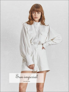 Sun-Imperial Aria Shorts Set - White Solid Casual Two Piece Set Women Turtleneck Lantern Sleeve Button Shirt High