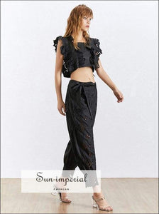 Ariel Pants Set - Lace Women Two Piece Crop top High Waist Loose Midi Ankle Length Pants, Waist, Short Sleeve, Setv, vintage SUN-IMPERIAL 