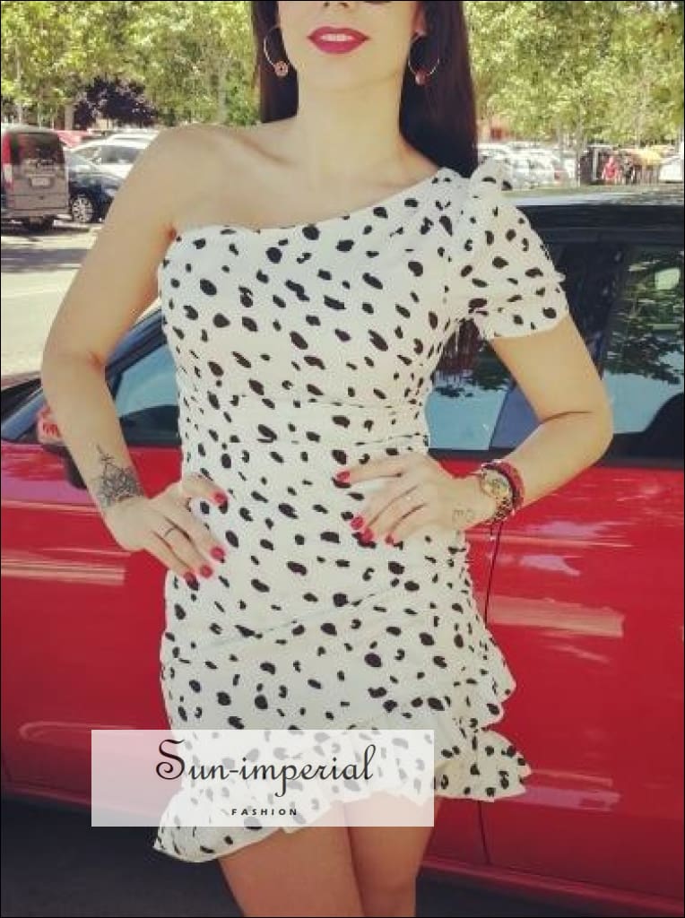 Sun-imperial - asymmetrical Black White polka dot dress one shoulder short Sleeve ruffle summer Long Sleeve / S Sun-imperial - asymmetrical Black White polka dot dress one shoulder short Sleeve ruffle summer Long Sleeve / S