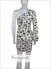 Asymmetrical Black White Polka Dot Dress One Shoulder Short Sleeve Ruffle Summer Ruched Mini best seller, Black, chick sexy style, dot, dot 