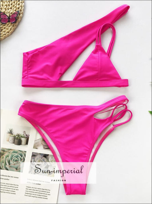 Asymmetrical Neon Hot Pink High Cut One Shoulder Waist Bikini Set SUN-IMPERIAL United States