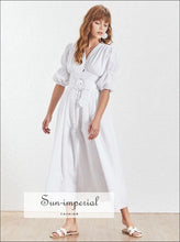 Aubrey Dress - White Dress V Neck Puff Short Sleeve High Waist Belted Dress