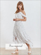 Sun-Imperial Austin Skirt Set - White Polka Dot Maxi Asymmetrical Skirt Set with off the Shoulder Crop top