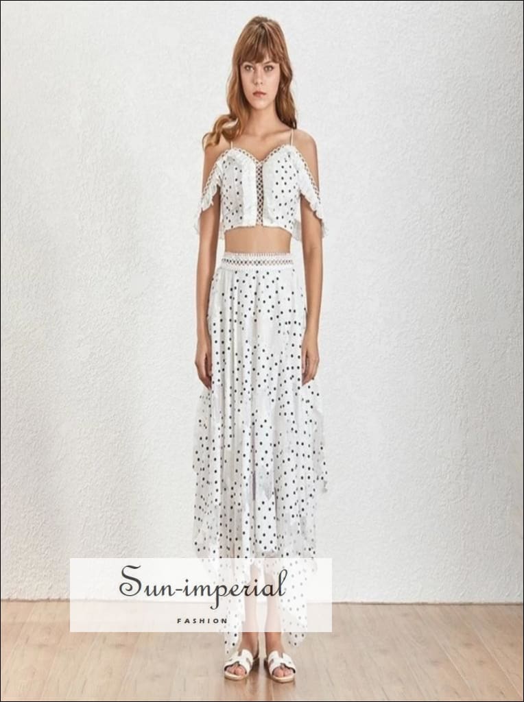 Sun-Imperial Austin Skirt Set - White Polka Dot Maxi Asymmetrical Skirt Set with off the Shoulder Crop top