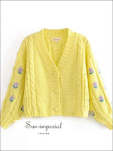 Autumn Yellow Cropped Long Sleeve Cardigan with Purple Embroidery detail Knitted Sweater chick sexy style, vintage style SUN-IMPERIAL United