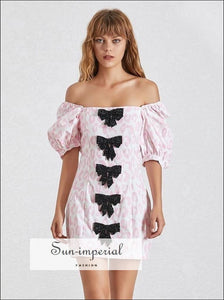 Avignon Dress - Pink Leopard Slim Square Collar Puff Sleeve off the Shoulder Bow Knot Mini Dresses