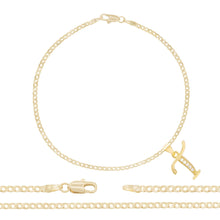 A-Z Initial Letter Pendant 14K Gold Filled Cubic Zirconia Curb Chain Anklet 10" Set CZ Charm Foot Bracelet 2.5 mm Female Women Girl