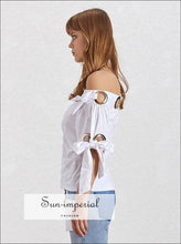 Azalea top - Elegant off Shoulder Women White Blouse Short Sleeve Bow Knot Ruched Slim Cut