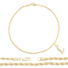 A-Z Initial Letter Pendant 14K Gold Filled Cubic Zirconia Rope Chain Anklet 10" Set CZ Charm Foot Bracelet 2.4 mm Female Women Girl