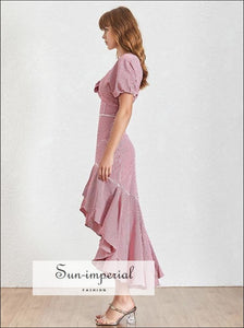 Balerina Dress- Vintage Plaid Grid Women Puff Short Sleeve Waist Cut Asymmetrical Maxi Dress Female Elegant Summe, High Waist, Slim Dresses,
