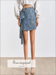 Beatrice Skirt - Solid High Waist Denim Slim Cut Asymmetrical Mini Tie Dye Jeans Skirt, Skirts, Bow, Vintage SUN-IMPERIAL United States