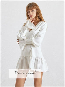 Becka Dress - White Mini V Neck Lantern Sleeve High Waist Slim Cut Sleeve, Dresses, Solid Women Dress, Neck, vintage SUN-IMPERIAL United 