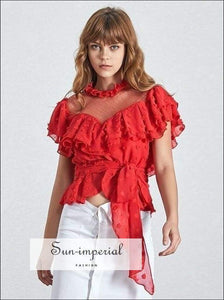 Becky top - Vintage Solid Chiffon Shirt for Women Short Sleeve Ruffles Asymmetrical Hem Polka Dot Casual Shirt, Blouse, Female Fashion, 